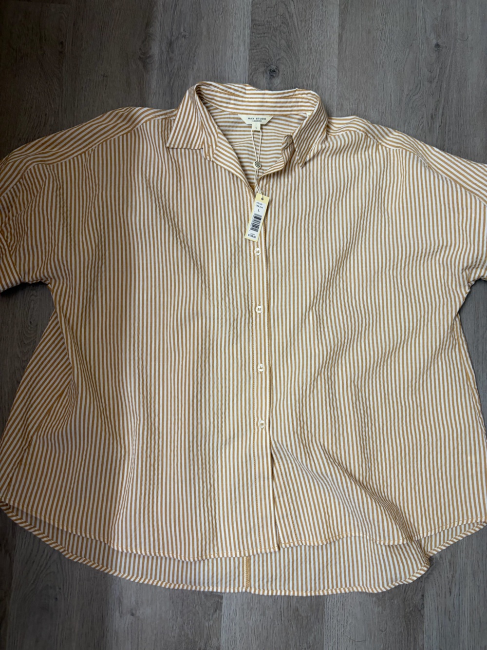Max Studio Cream and Tan Striped Relaxed Button-Down Shirt